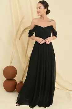 Низкие рукава, плиссированная юбка на подкладке, длинное блестящее платье из тюля