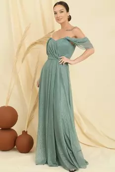 Низкие рукава, плиссированная юбка на подкладке, длинное блестящее платье из тюля