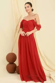 Низкие рукава, плиссированная юбка на подкладке, длинное блестящее платье из тюля