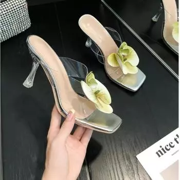 Низкие женские тапочки, римские резиновые тапочки из ткани, каблуки-копышки, женские 2024, прозрачные сандалии с цветочным принтом и ремешками, каблуки женские 35