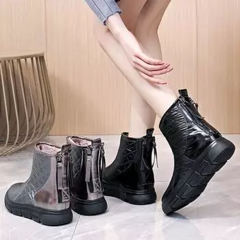 Низкие женские зимние сапоги, ботинки, зимние ботинки 2024 года, эластичные, короткие, теплые, водонепроницаемые, горячие, плоские, серебристые, женские, меховые 35