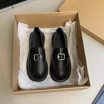 Низкий каблук, квадратный каблук, лоферы, круглый носок, женская обувь, мода, весна/осень, пряжка, однотонные, классические туфли, туфли-лодочки, мокасины 35 коричневый