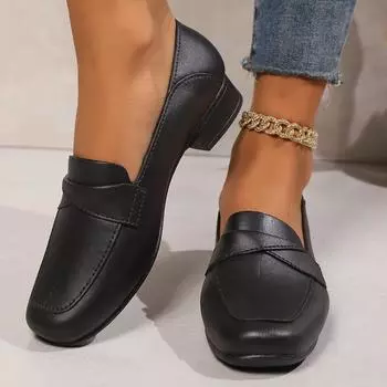 Низкий каблук, квадратный каблук, лоферы, квадратный носок, женская обувь без застежек, распродажа 2024, высококачественные весенние туфли-лодочки на плоской подошве Salto Alto 40 чёрный