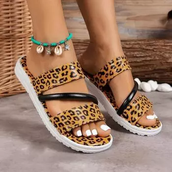 Низкий каблук с плоским дном и открытым носком, мягкая подошва с леопардовым принтом, повседневные женские тапочки 2024 года, летние женские сандалии для отдыха на открытом воздухе, без застежек 36 белый