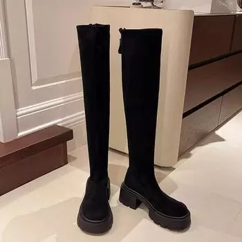 Низкий каблук, шитье выше колена, современные сапоги на молнии с квадратным носком, женская обувь на распродаже 2024 года, фирменные лаконичные женские сапоги с квадратным каблуком 35 коричневый