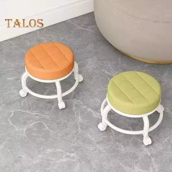 Низкий табурет на роликах с колесами, вращающимися на 360 градусов, подушка из искусственной кожи с губчатым наполнителем, современный круглый табурет на роликах для домашнего офиса и магазина темно-оранжевого