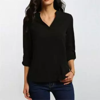 Низкий вырез Большой размер Цвет Коммутация Со складками Свободные Однотонные Рукава три четверти V-образный вырез Большой размер Средняя длина L чёрный