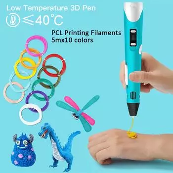 Низкотемпературная ручка для 3D-печати, детская игрушка для рисования и рисования, устойчивая к ожогам, с 10-цветными PCL-нитями. синий