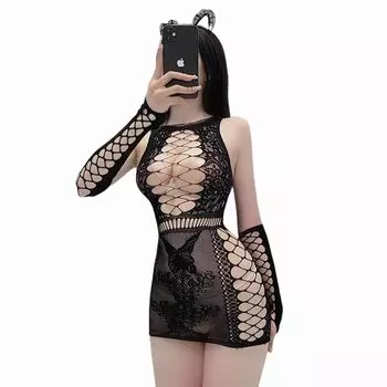 Njelly Сексуальный Купальник Babydoll Сетчатые Колготки Милый Экстремальный Перфорированное Нижнее Белье Косплей Костюм [LIKENNY] Прозрачный (черный)