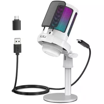 NJSJ USB Condenser Microphone PC Easy Operation Distribution Microphone Gaming (White)