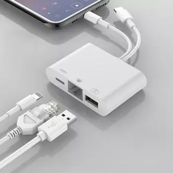 NK-107 Pro 3 в 1 USB-C / Type-C + 8-контактный штекер к USB + RJ45 + 8-контактный гнездовой адаптер для зарядки