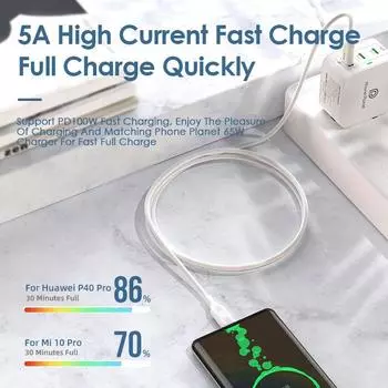 NNBILI 5A 100W USB Type C - Type C кабель USB-C PD быстрая зарядка провод зарядного устройства шнур для Macbook Samsung Xiaomi Type-C USBC кабель 0.3m чёрный