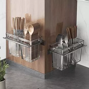 No Hole Chopsticks Drain Rack Space Aluminum Chopstick Cage Chopsticks Storage Container Kitchen Grey-Single Grid