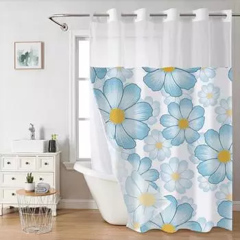 No Hook blue flower pattern Shower Curtain With Snap-in Fabric Liner, Sheer Top Window, Waterproof Double Layer Bathtub curtain 180X188cm