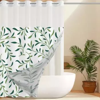 No Hook green leave pattern Shower Curtain With Snap-in Fabric Liner, Sheer Top Window, Waterproof Double Layer Bathtub curtain 180X188cm