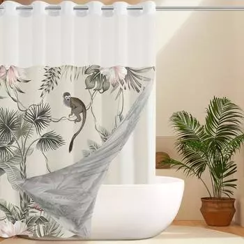 No Hook plant pattern Shower Curtain With Snap-in Fabric Liner, Sheer Top Window, Waterproof Double Layer Bathtub curtain 180X188cm
