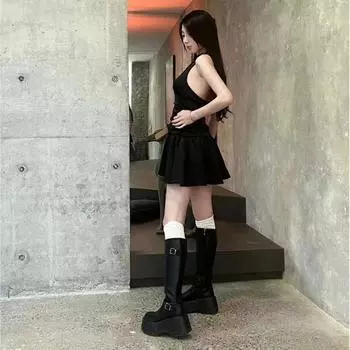 Но сапоги до колена 2024 года, новые кожаные сапоги на платформе с пряжкой, рыцарские сапоги, очень высокий каблук, молния сбоку, круглая головка, тонкие сапоги Spice Girl 35 чёрный