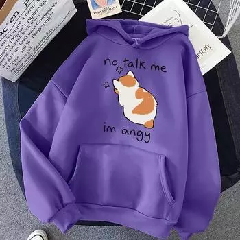 No Talk Me, милая женская толстовка с принтом Angry Cat, мягкая толстовка, повседневная флисовая толстовка, флисовая женская уличная одежда большого размера S