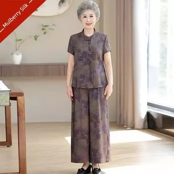 Noble Fragrant Cloud Yarn Silk Suit Female 2025 Summer New Arrival Middle-Aged and Elderly Grandma s Clothes Mulberry Silk Two-Piece Pants Purple 4XL