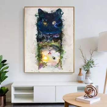Ночь и день кошка картина на холсте фэнтези кошка искусство растение тигр абстрактные ворона постеры и принты для декора гостиной Cuadros 20x40cm Unframed