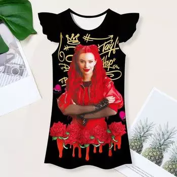 Ночная рубашка для девочек, красное платье с круглым вырезом для детей, рукава-оборки, ночная рубашка с рисунком для девочек 3-10 лет S чёрный