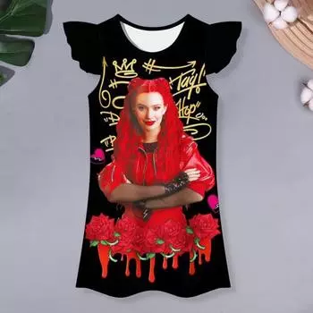 Ночная рубашка для девочек, красное платье с круглым вырезом для детей, рукава-оборки, ночная рубашка с рисунком для девочек 3-10 лет S чёрный