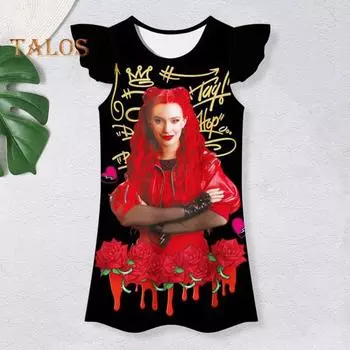 Ночная рубашка для девочек, красное платье с круглым вырезом для детей, рукава-оборки, ночная рубашка с рисунком для девочек 3-10 лет S чёрный