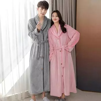 Ночная рубашка для пары с пуговицами и лацканами, женская утолщенная длинная рубашка из кораллового флиса, мужской халат большого размера, ночная рубашка на осень-зиму, фланелевая домашняя одежда M