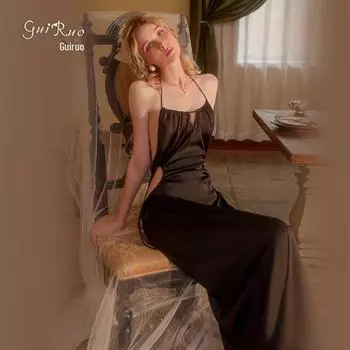 Ночная рубашка Guiruo Ice Silk с открытой спиной – сексуальная однотонная пижама с халтернеем для весны и лета (Q2750) M