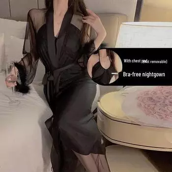 Ночная рубашка Guiruo из атласа с лямкой через шею, манжетами из перьев и сетчатым верхним халатом One Size