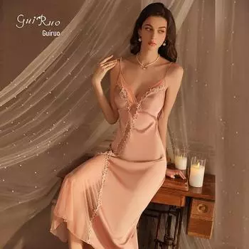 Ночная рубашка Guiruo со шнуровкой, открытой спиной, накладкой на грудь и разрезом 3410 M