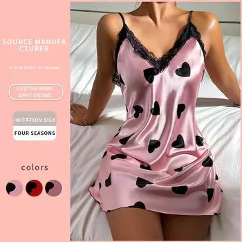 Ночная рубашка Ice Silk, лето 2024 г.: Сексуальная юбка-подтяжка Love с открытой спиной для дома. Дышащая короткая юбка с принтом. Extra Large