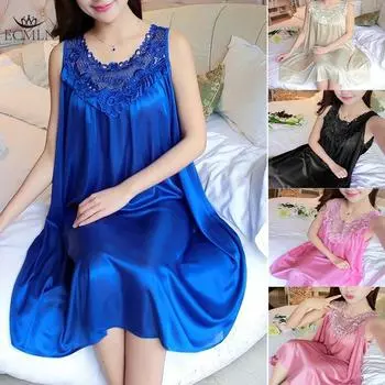 Ночная рубашка из атласного шелка Ice, женская сексуальная модная юбка миди без рукавов, кружевной свободный жилет, домашняя одежда, ночная рубашка one size чёрный