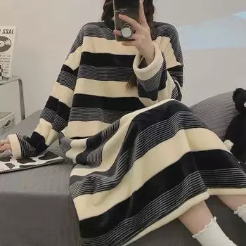 Ночная рубашка из фланели в полоску для девочек – теплая, симпатичная, осенне-зимняя пижама с круглым вырезом большого размера Large (L)