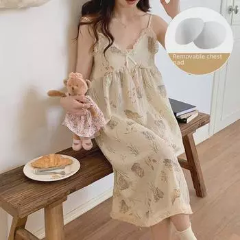 Ночная рубашка из хлопка с цветочным принтом и съемной подкладкой, с кисточками XL (115-135 jin)
