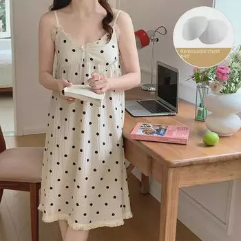 Ночная рубашка из хлопка в корейском стиле с узором в горошек и нагрудными подушечками для женщин - летняя пижама на подтяжках Large