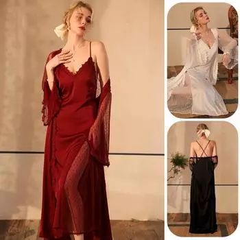 Ночная рубашка из кружевного шелка и атласа для женщин, без рукавов, с V-образным вырезом, однотонная, длинная, комплект ночного белья XS