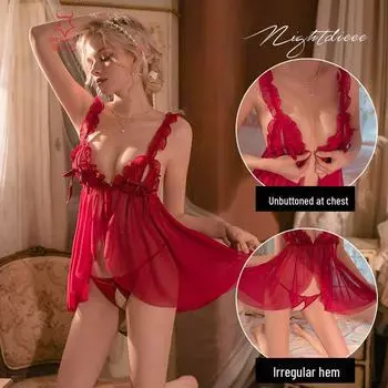 Ночная рубашка из кружевной сетки с открытым шаговым швом и пряжкой спереди - большой размер