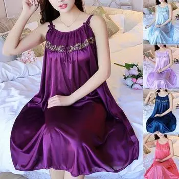 Ночная рубашка из ледяного шелка, женское кружевное нижнее белье с цветочным принтом, повседневное женское свободное платье для сна, ночное белье One Size светло-розовый