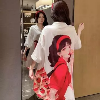 Ночная рубашка из японского шелка с красным принтом — сексуальная, легкая, летняя пижама для женщин M красный