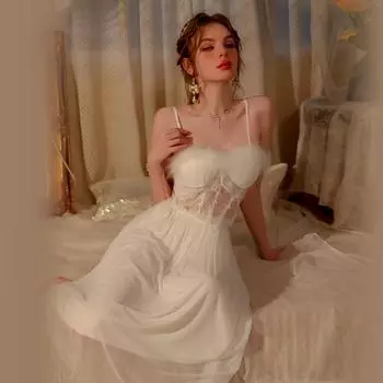 Ночная рубашка комплект Весна сексуальная кружевная ночная рубашка с глубоким V-образным вырезом на спине с подкладками для груди Тонкая мягкая ночная рубашка женская домашняя одежда M