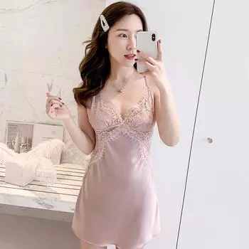 Ночная рубашка на слинге большого размера, кружевная верхняя одежда, женская летняя одежда из ледяного шелка, тонкая секция M жёлтый