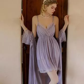 Ночная рубашка, однотонная сетчатая дышащая сексуальная ночная рубашка, женская новая осенняя ночная рубашка с глубоким V-образным вырезом M