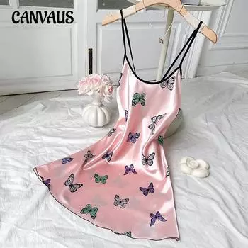 Ночная рубашка с бретелью через шею, сексуальная ночная рубашка с открытой спиной, женская, имитация шелка, повседневная, дышащая, с принтом бабочки, юбка с бретелью через шею S розовый