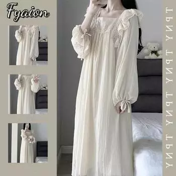 Ночная рубашка с длинным рукавом, милое кружевное пижамное платье, домашняя одежда для женщин 2XL слоновая кость