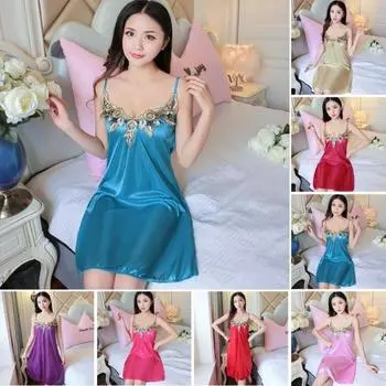 Ночная рубашка с гладкой поверхностью, домашняя одежда, дышащее женское летнее сексуальное шелковое платье, одежда для спальни синий