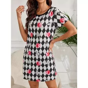 Ночная рубашка с принтом в виде кошачьих цветов и ромбов в стиле ретро с коротким рукавом и круглым вырезом, эластичное платье для сна, женская одежда для сна S