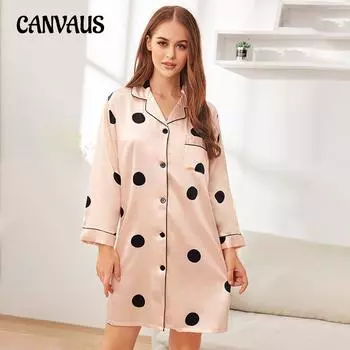 Ночная рубашка с точечным принтом, женская домашняя одежда, шелковый топ с длинными рукавами, повседневный кардиган на пуговицах, ночные рубашки из ледяного шелка S розовый