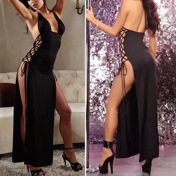 Ночная рубашка со шнуровкой на бретелях с разрезом по низу и открытой спиной на тонких бретельках с халтер-воротником и глубоким V-образным вырезом без рукавов Ночная одежда для ночного клуба Платье для танцев на шесте