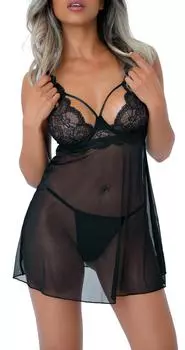 Ночная рубашка + стринги на косточках, прозрачный черный S/M прозрачный